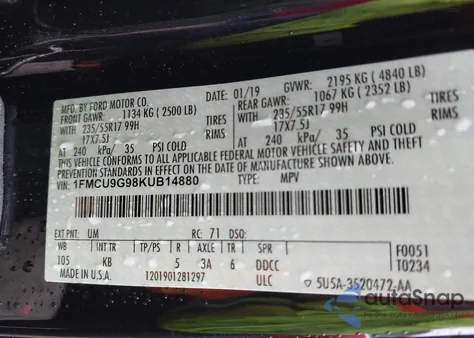 2019 Ford Escape Se z USA, uszkodzony, nr VIN 1FMCU9G98KUB14880